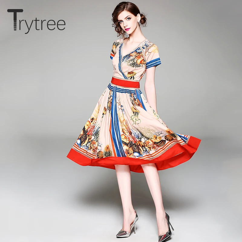 Trytree летнее Повседневное платье с принтом морской жизни женское v образным