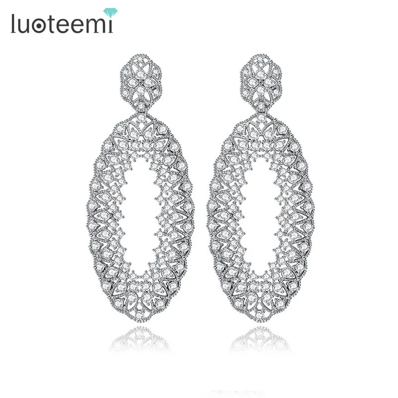 

LUOTEEMI Gorgeous White Gold-Color Vintage Hollow Out Water Drop Micro Inlay AAA Cubic Zirconia Dangle Earrings Bijoux