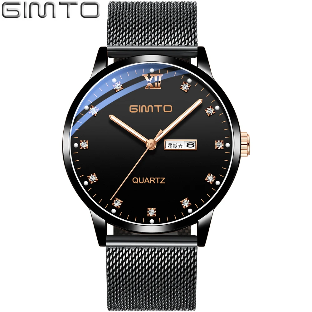 GIMTO брендовые модные мужские часы черные повседневные из нержавеющей стали со