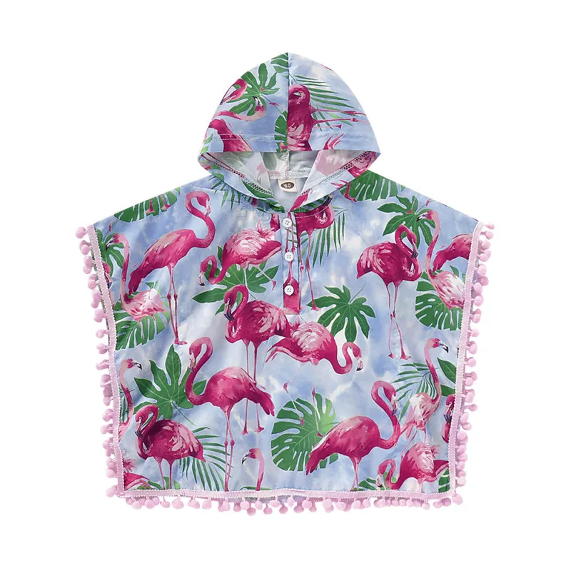 Летнее платье для маленьких девочек блузка с капюшоном и принтом фламинго топы