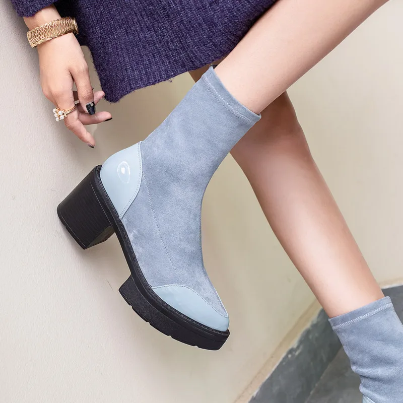 Женские осенние ботильоны из натуральной замши короткие ботинки на массивном