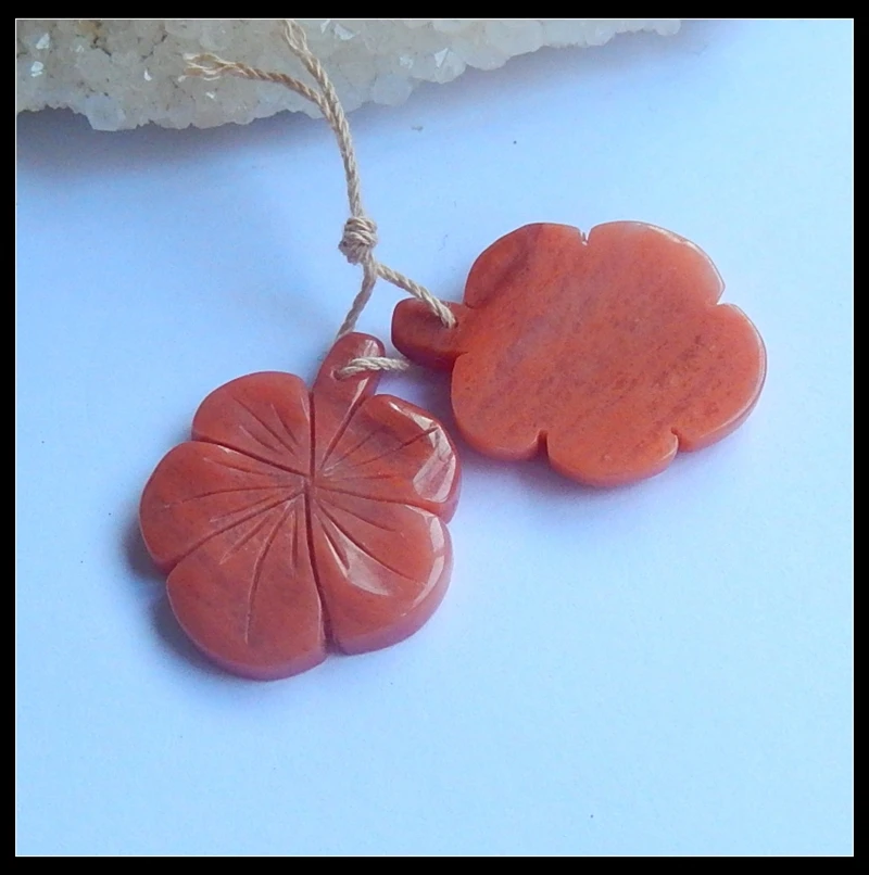 

Summer Style Hot sell fine jewelry The New Arrival Natural Red Aventurine Carved Flower Handmade Earrings 27x22x4mm 7.03g