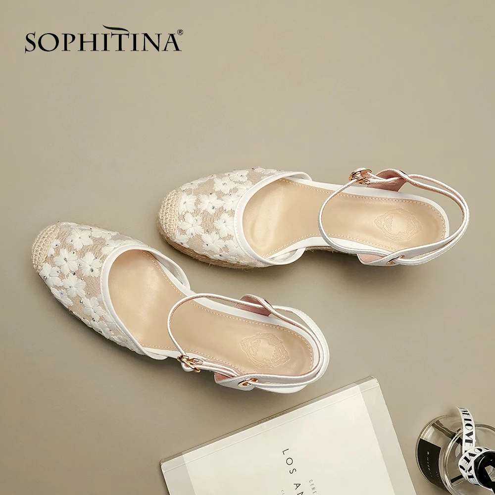 SOPHITINA/Модные женские босоножки на соломенном каблуке черные туфли ручной работы