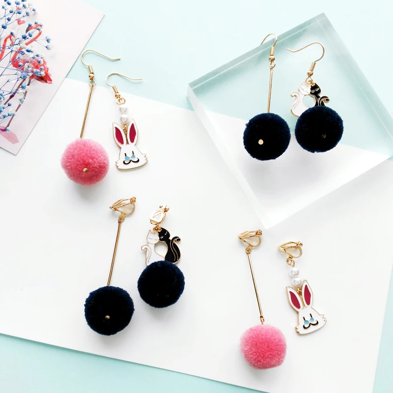 Japan and South Korea sweet girl wonderland lovely rabbit long hair bulb earrings asymmetric cat ear clip female students | Украшения и