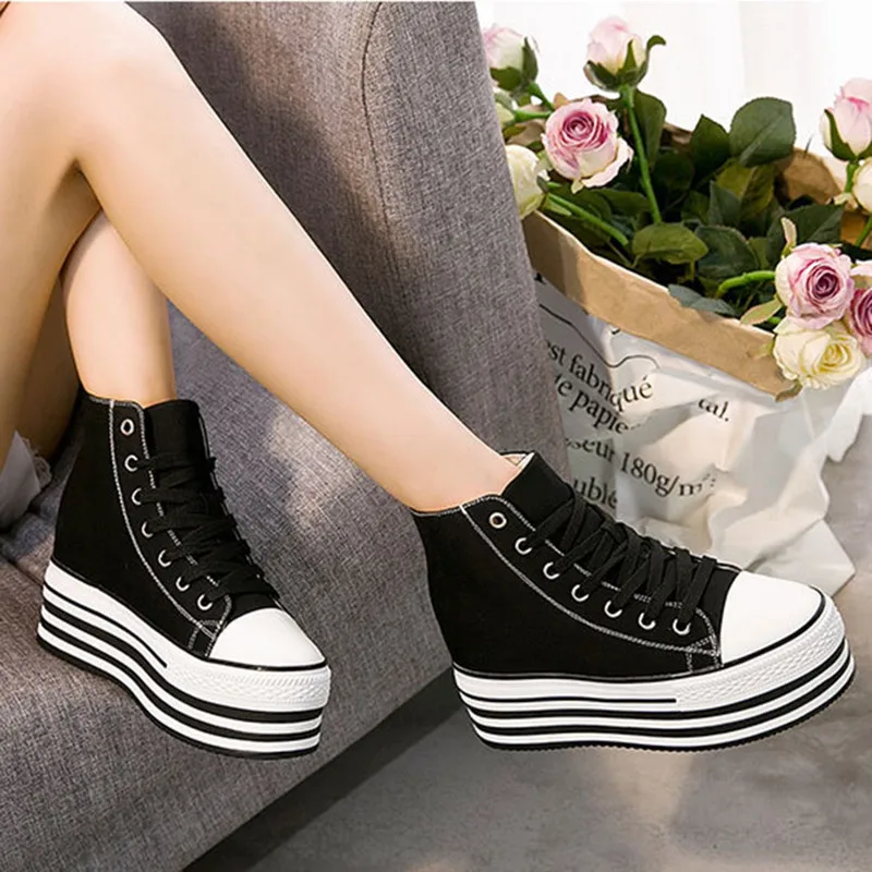 Chunky Sneakers Platform Women Fashion Lace-up High-top Wedge Shoes For 2019 New Canvas Thick Bottom Heeled | Обувь