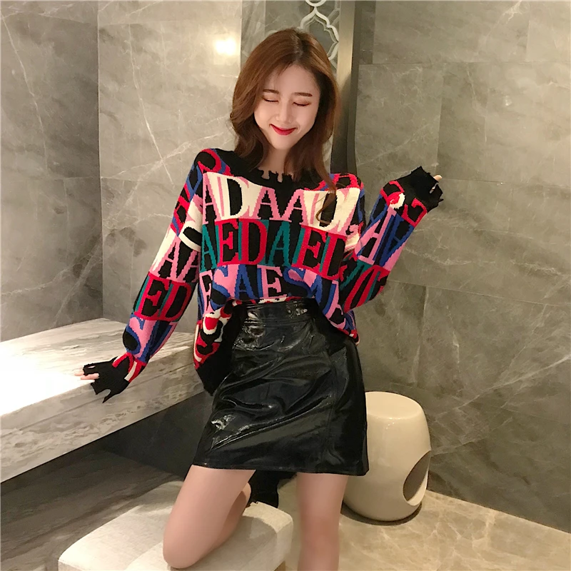 Autumn Winter Printed Sweater Women Pullover 2018 New Fashion Wild Tops Color Letters Loose Female Knit Sweaters NO561 | Женская одежда
