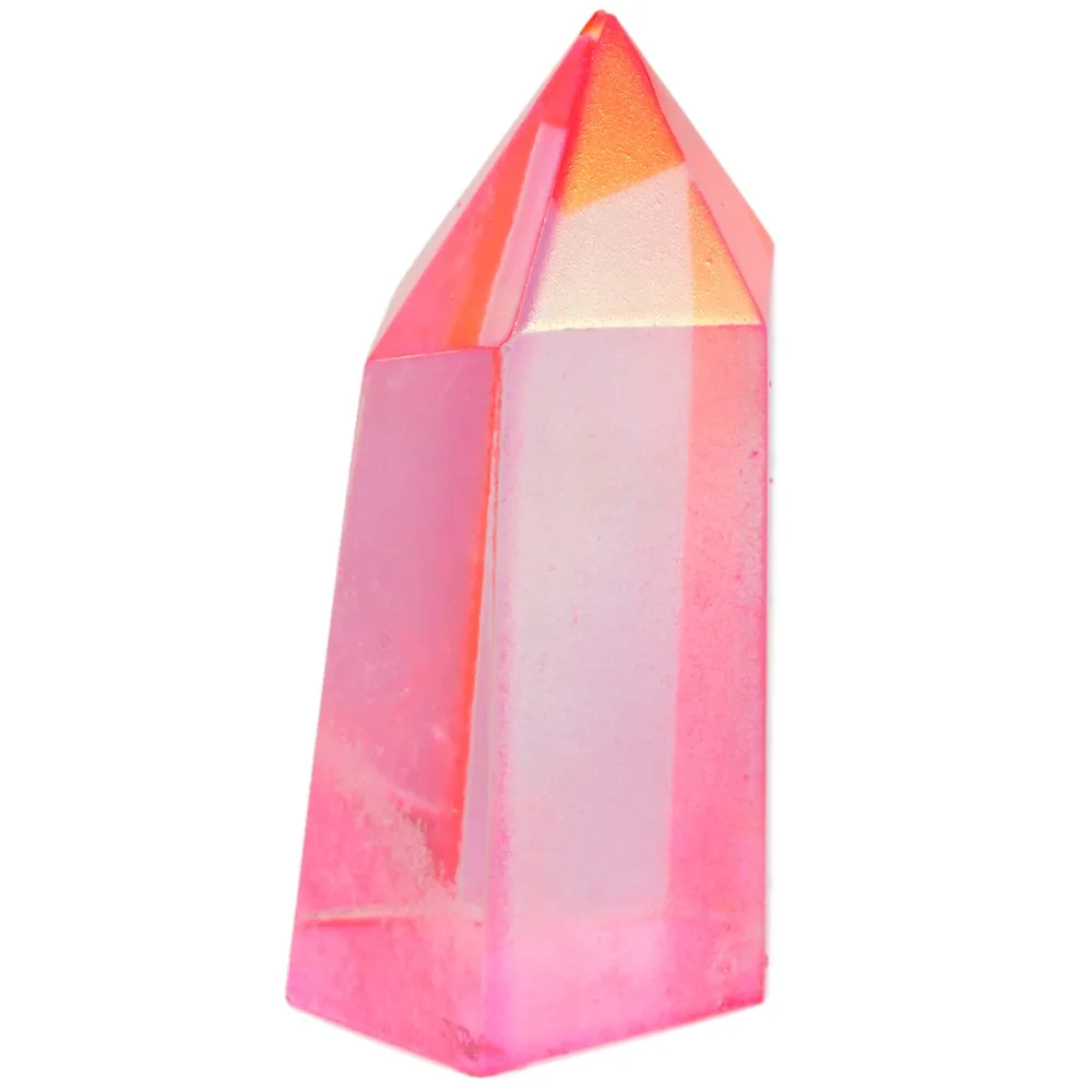 

TUMBEELLUWA Pink Titanium Coated Crystal Single Point Faceted Prism Wand Healing Reiki Stone Figurine Specimen