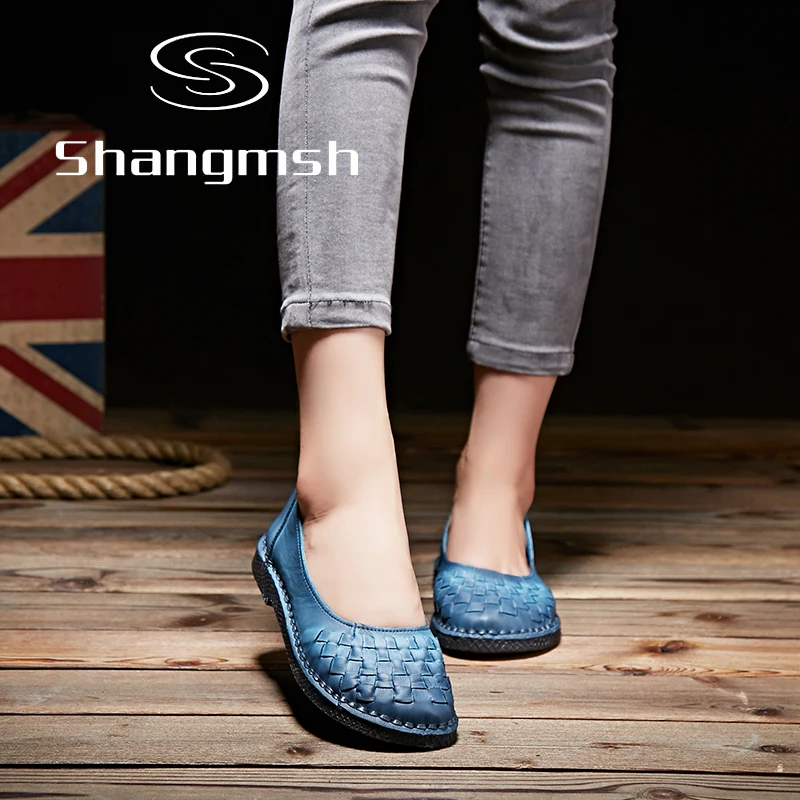 Shangmsh Handmade Casual Shoe Women Driving Soft Flat Solid Genuine Leather Wild Retro Shoes Weave Ladies | Обувь