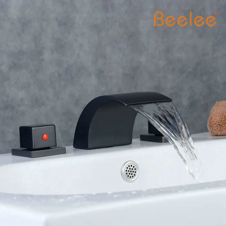 

Beelee BL18303B Dual Handles Oil Rubbed Bronze Black Bathroom Sink Faucet Luxury Waterfall Deck Mounted Basin Sink Faucet