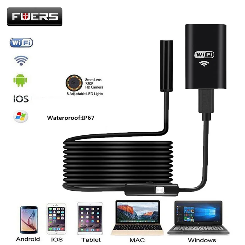 Камера Эндоскоп Fuers HD 720P Wi Fi объектив 8 мм 1 м 2 дюймов светодиодный