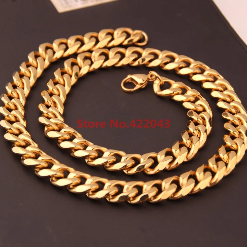 

Hotsale 7-40" Charming Gift Fashion 12mm Stainless Steel Gold color Curb Cuban Chain Necklace Highly Quality Jewelry
