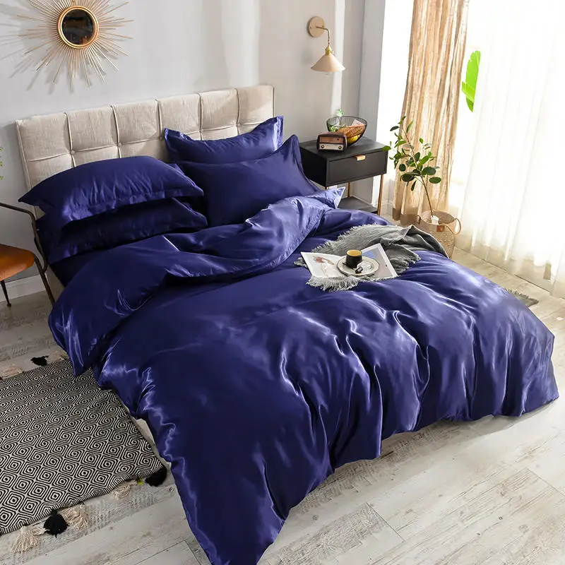 HOT! pure satin silk bedding set，Home Textile King size bed set， bed clothes， duvet cover ，flat sheet ，pillowcases ，Wholesa - Цвет: Dark blue