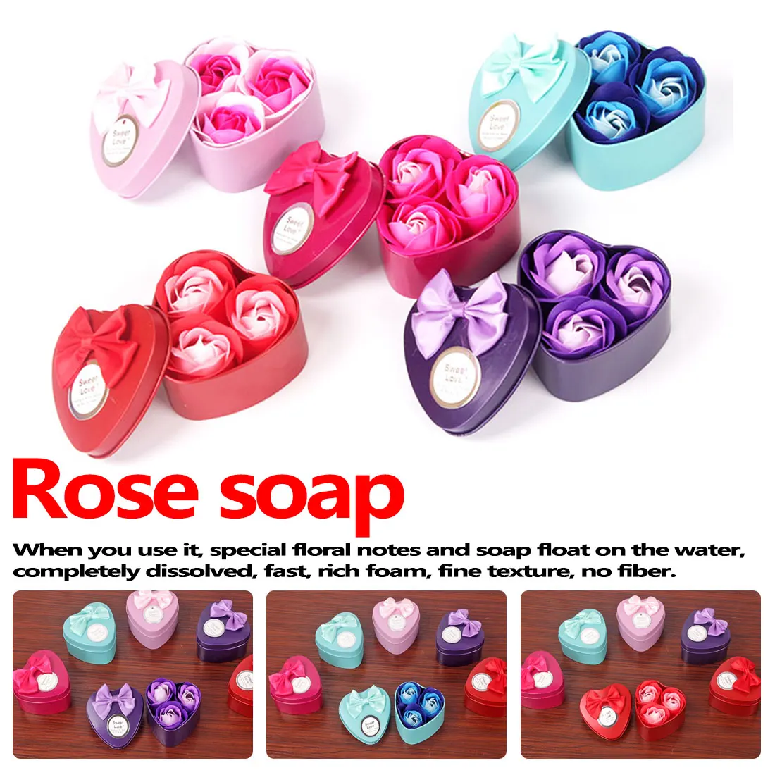 Purple 3Pcs Artificial Flower Rose Soap Flower Heart-Shaped Iron Box Scented Bath Body Petal Rose Small Gift Box