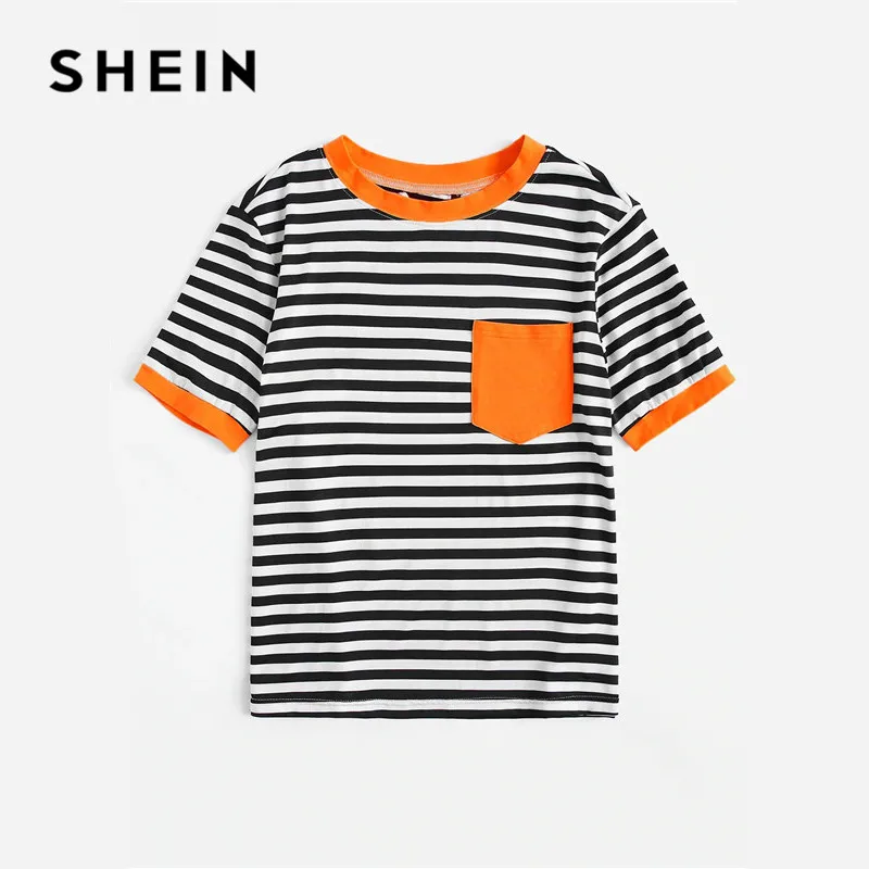 SHEIN Повседневная Полосатая Футболка Ranger с карманом и заплатками, женские топы, Летние Элегантные обычные женские футболки с коротким рукавом и круглым вырезом