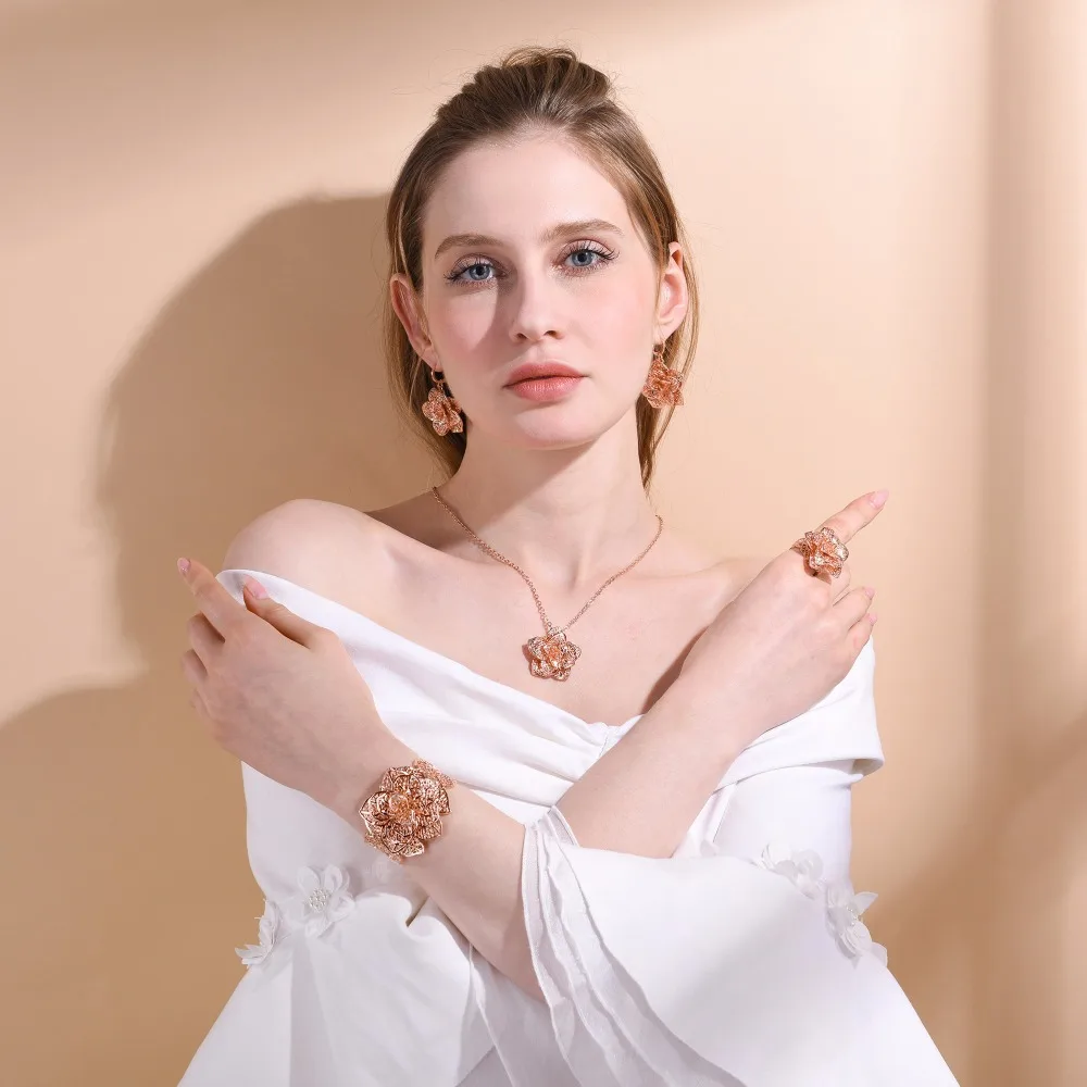 

Collare Bridal Jewelry Sets For Women Gold/Silver Color Luxury Flower Wedding Sets Bangles Ring Earrings Necklace Sets S011