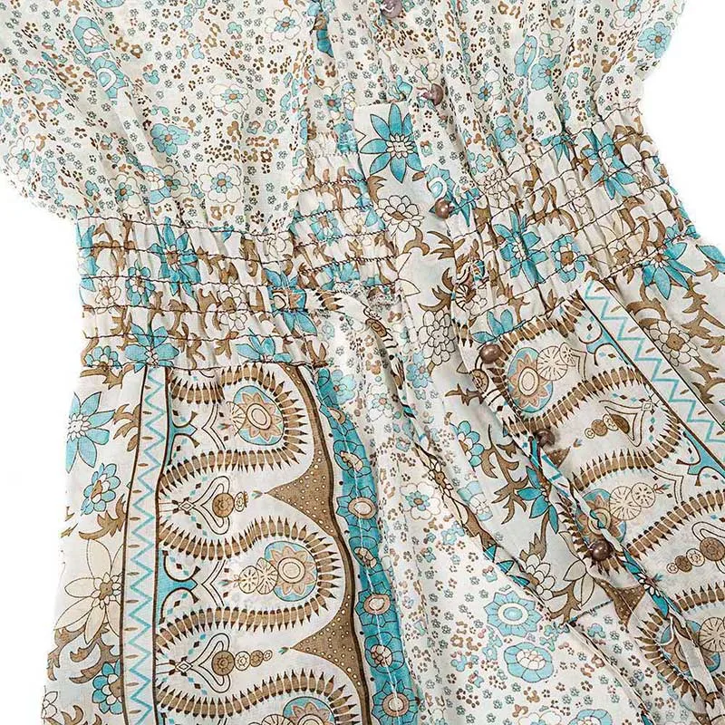 Chiffon Deep V-Neck Long Sleeve Print Patchwork Dress Elastic Waist Tassel Belt Spring Fall Boho Bohemian | Женская одежда