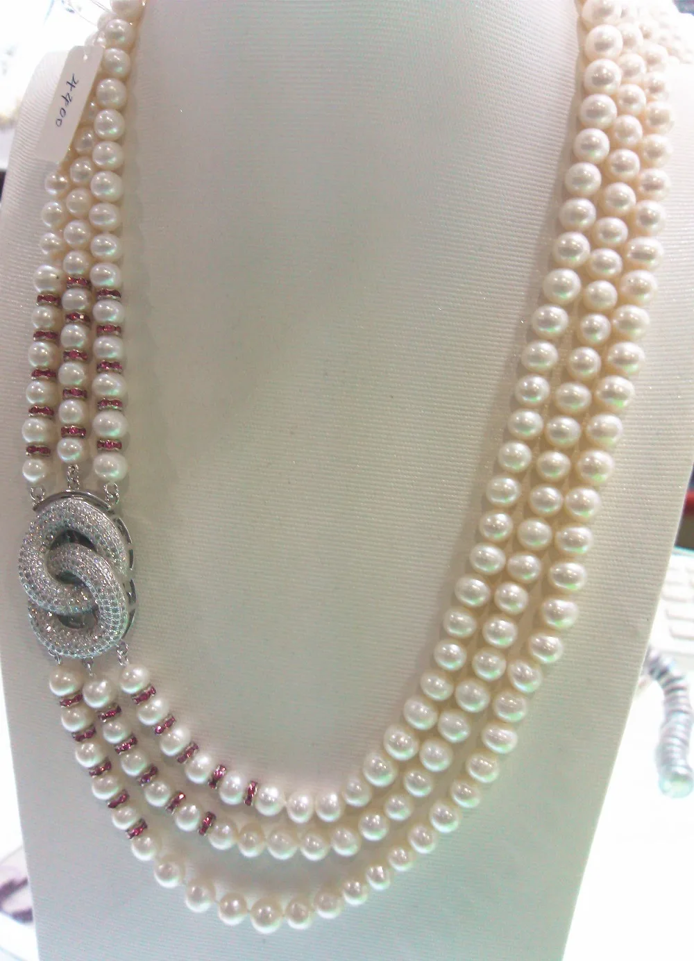 

wholesale 3rows natural AA 9-10mm white freshwater pearl necklace 004