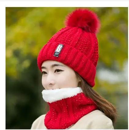 red Hat bib set Теплая вязаная зимняя женская шапка для девочек, шерстяные шапочки Skullies с буквой B, бархатная шапка, шапка-маска, Женская Балаклава, шарф, шапка - Цвет: red Hat bib set