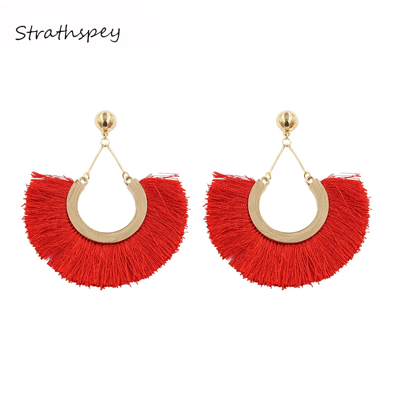 

STRATHSPEY Handmade Bohemia Fan-shaped Hoop Tassel Earrings For Women Vintage Geometry Fringe Drop Earring Statement Jewelry