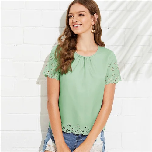 Green Pastel Sheinside, собранная горловина, зубчатая, лазерная резка, вставка, блузка для женщин, однотонный топ,, короткий рукав, летние блузки для дам, топы в стиле бохо - Цвет: Green Pastel
