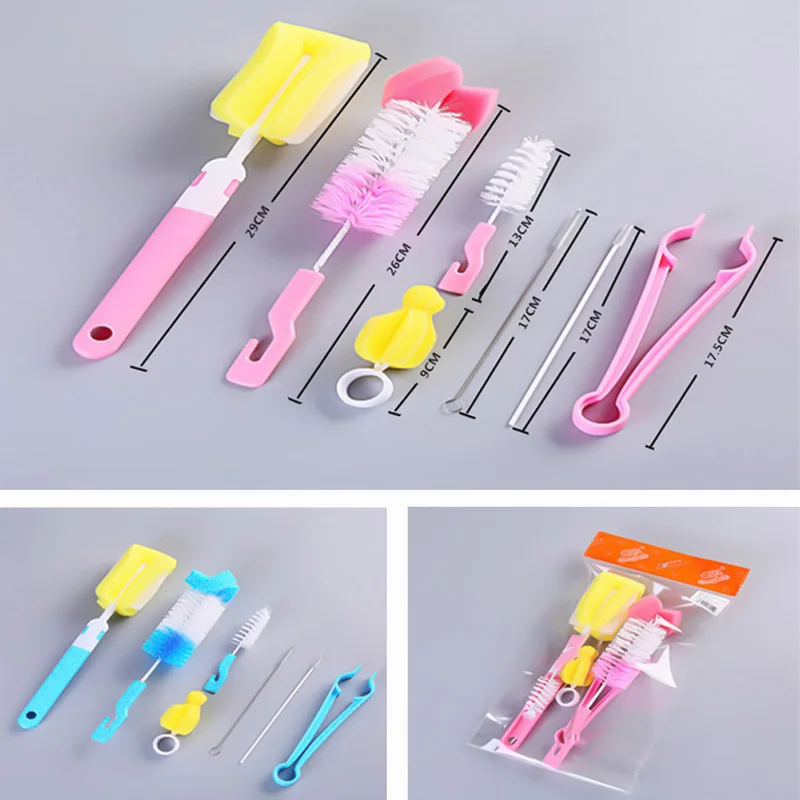 7 pcs/set Sponge Plastic Bottle Brushes Cleaner Bottle Clamp Nipple Clip Glass Milk Bottle Cleaning