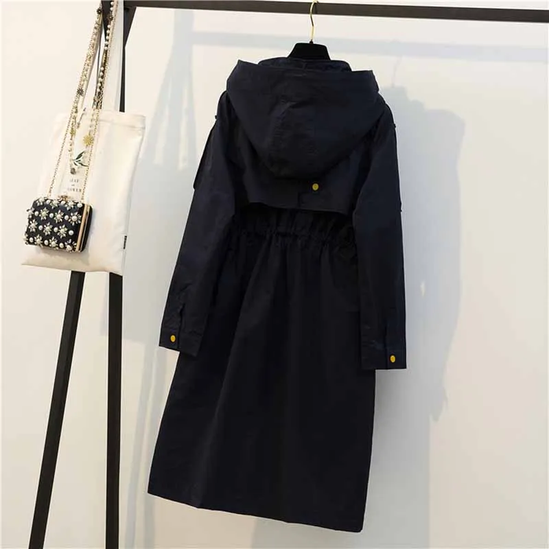 Тренч с капюшоном G327 длинный женский плащ большого размера поясом свободная