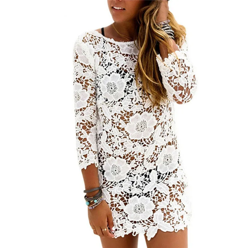 

2018 Hot Women Mini Dress Summer See-through Sexy Beach Dress White Embroidery Hollow Out Lace Dress Bikini Beachwear