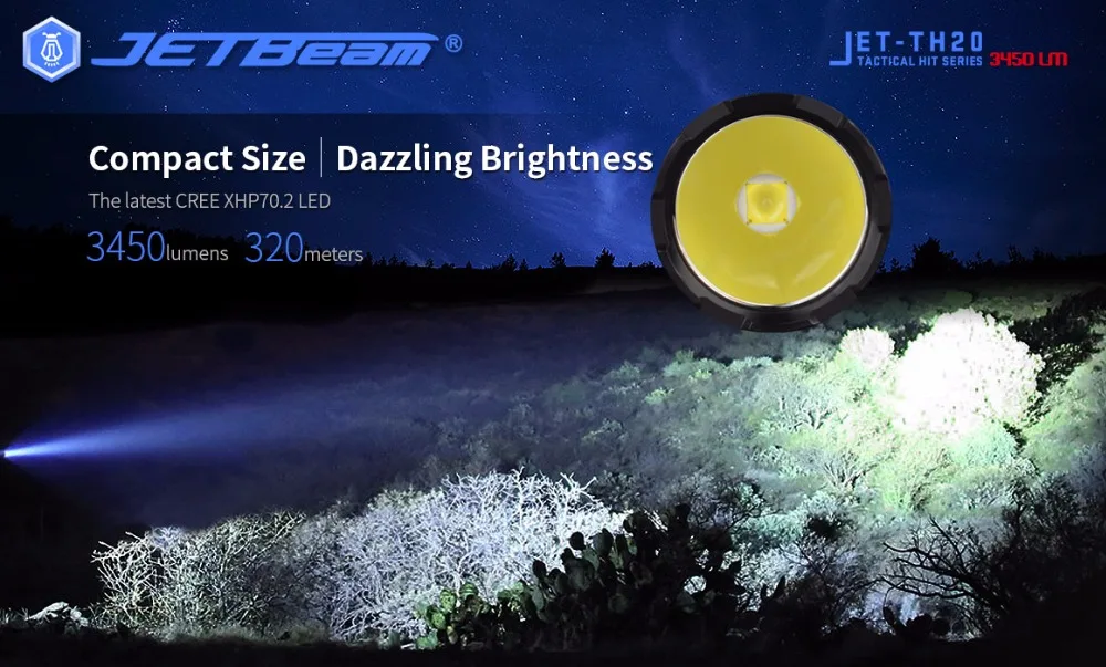 Тактический фонарь JETBeam TH20 светодиодный CREE XHP70.2 светодиодный Макс. 3450 лм дальность луча 320 метров+ 2600 мАч высокая скорость 18650 батарея