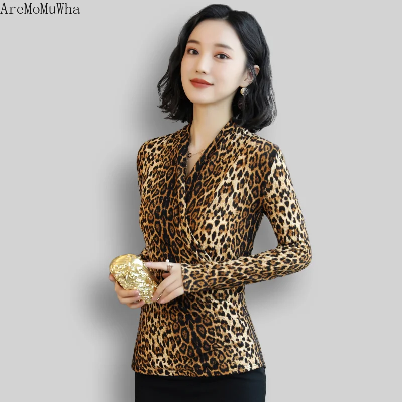 Женская леопардовая рубашка с длинным рукавом и V-образным вырезом | одежда
