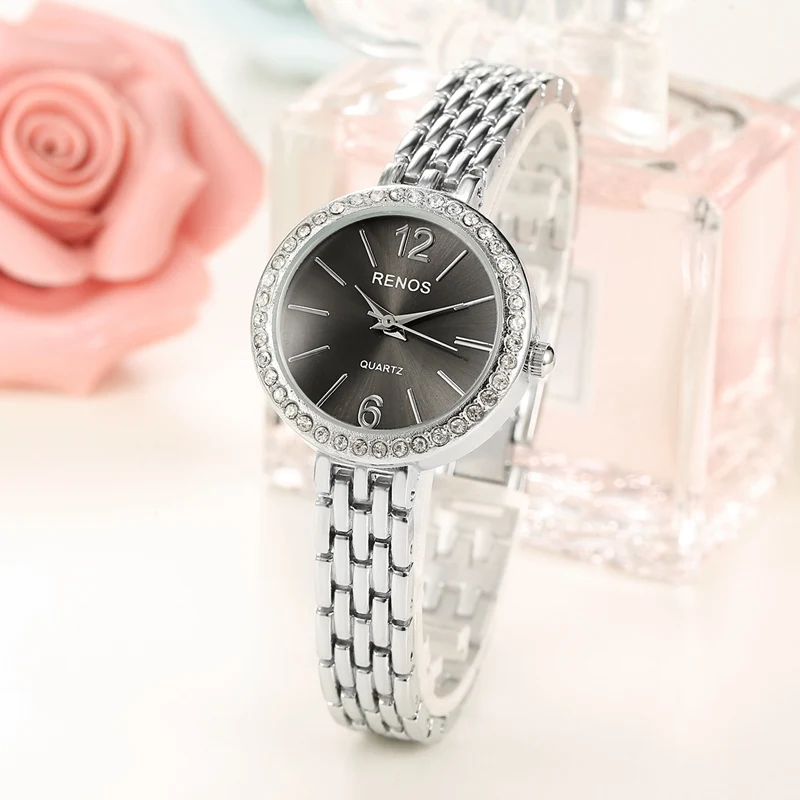 RENOS кварцевые часы для женщин с коробкой Стразы простой скелет браслет наручные