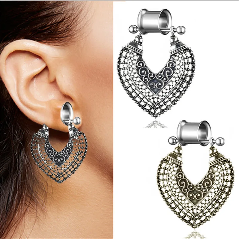 

2PCS New Style Stainless Steel Bohemia Ear Plugs And Tunnels Flesh Expansions Piercing Heart Ear Tunnel Gauges Body Jewelry
