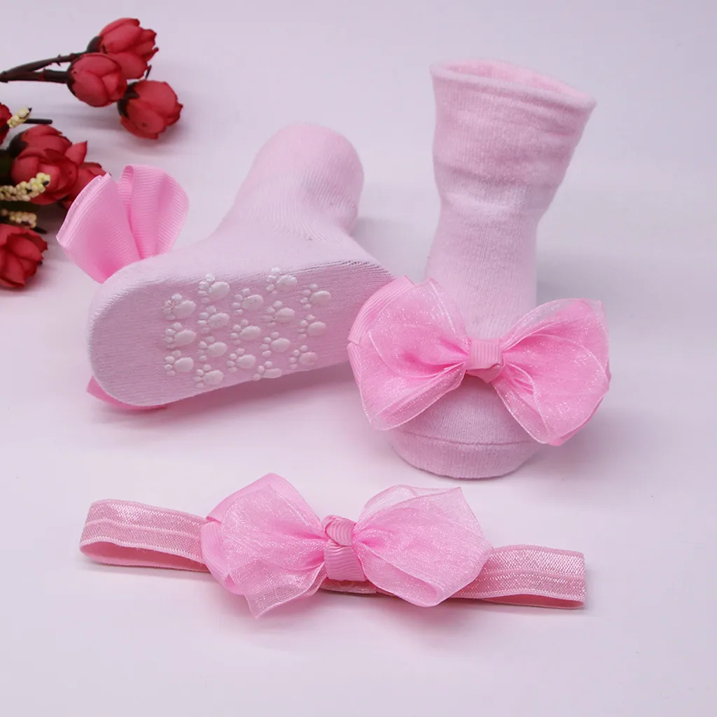 Носки для малышей хлопковые нескользящие носки + 1 шт. с ремнем волос маленьких - Фото №1