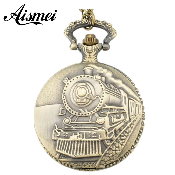 25pcs/lot Victorian Style Bronze Steam Train Head Quartz Movement Pocket Watch Necklace Chain wholesale send by EMS or DHL