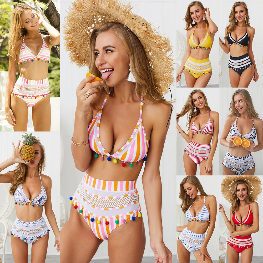 

Swimsuit Tassel Trim Top Halter Straps Colorful Swimwear Mesh Clothing Bathing Suits Party Lady Swimwear Stripe Bikini Sets