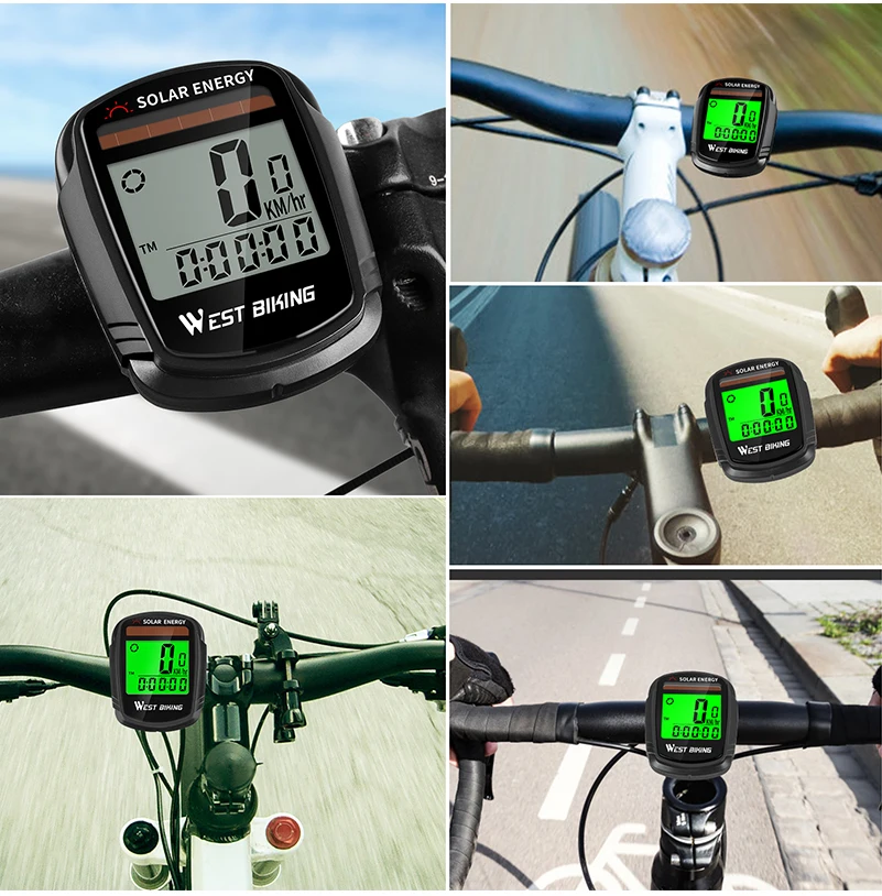 WEST BIKING Солнечный велосипедный компьютер беспроводной Секундомер Велосипедный спидометр, одометр температура MTB велосипедный компьютер
