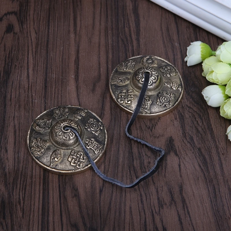 Ручной работы латунь Тибетский Tingsha тарелки колокольчик буддийский Восемь благоприятных символов