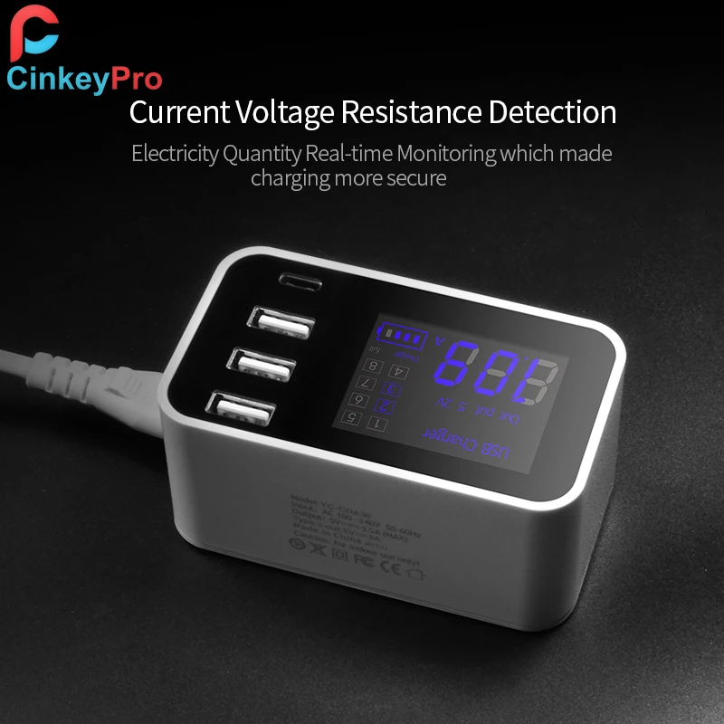 Зарядное устройство CinkeyPro со светодиодным дисплеем 3 порта USB Type C для Samsung iPhone iPad