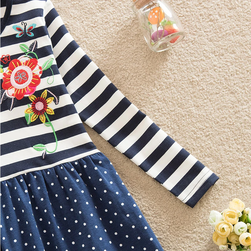 Dxton Girls Winter Dress Appliques Flower Kids Clothing Stripes Long Sleeve Princess Dots for Children | Детская одежда и обувь