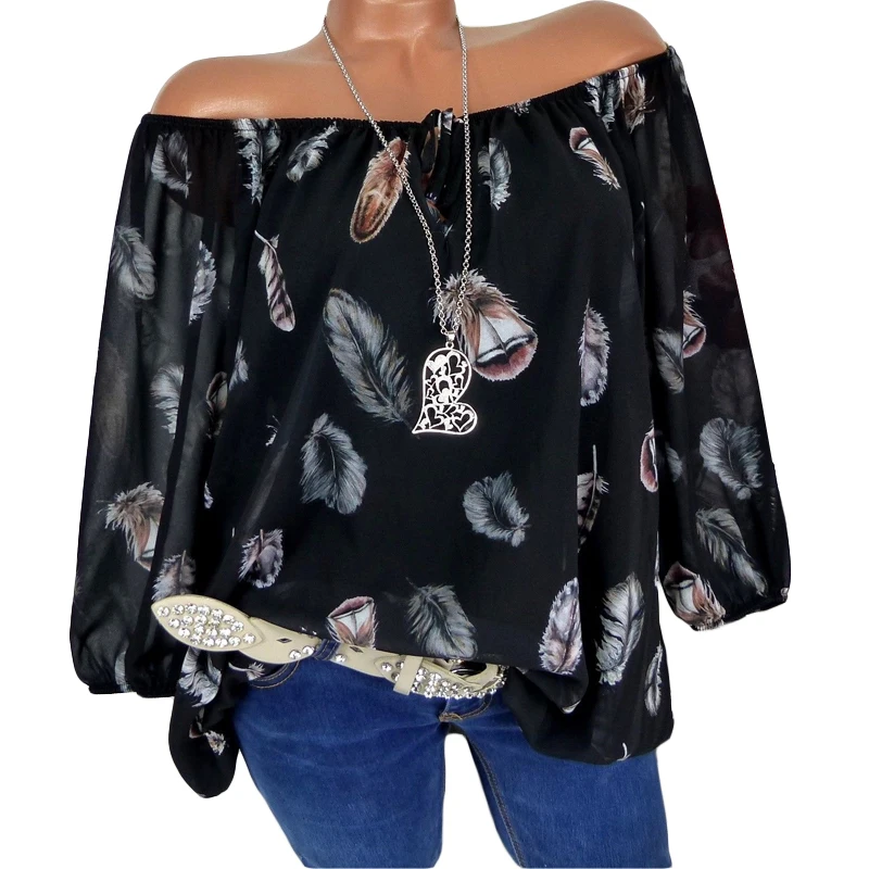 Plus Size 5XL Women Tops and Blouses 2019 Spring Casual Long Sleeve Print Off Shoulder Chiffon Blouse Female Loose Shirts |