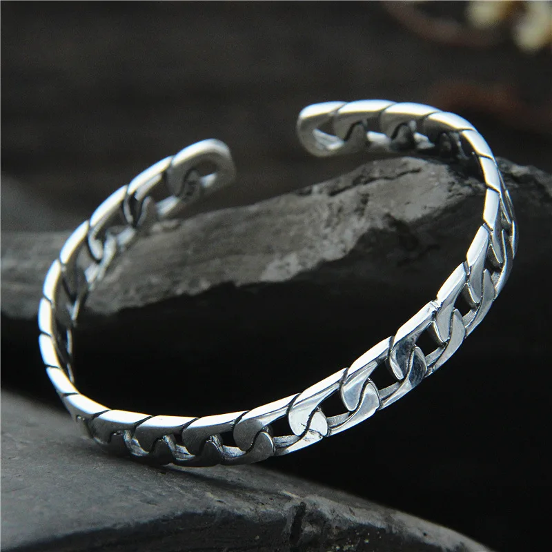 

Fashion Jewelry Whip Chain Bangle Flat Simple S925 Sterling Silver Retro Thai Silver Male And Female Vintage Style Open Ended