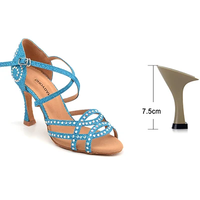 Blue 7.5cm SHOYDANC со стразами Обувь для танцев Латинской черный/синий/золото/серебро ткань для вспышки Salsa Обувь для танцев женские бальные Обувь для танцев - Цвет: Blue 7.5cm