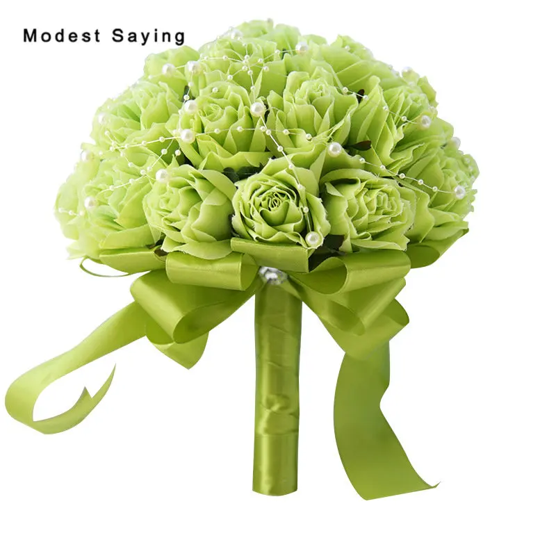 

New Attival Green Artificial Flowers Pearls Wedding Bouquets 2018 with Satin Sash Women Bridesmaid Bouquet Wedding Accessories