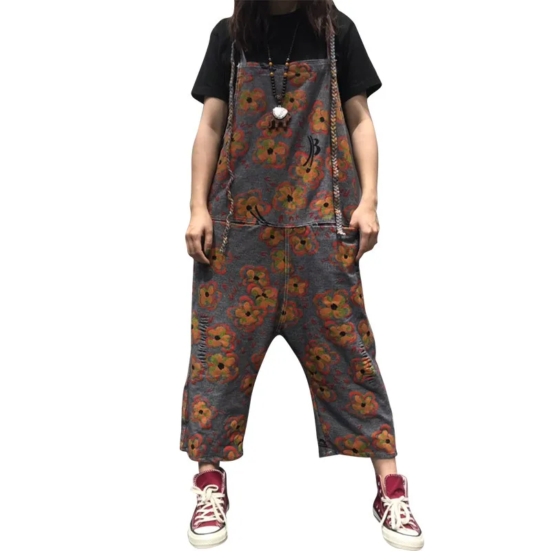 

New Large Size Retro Printing Old Jeans Loose Casual ankle length Casual Bib Female nt-01