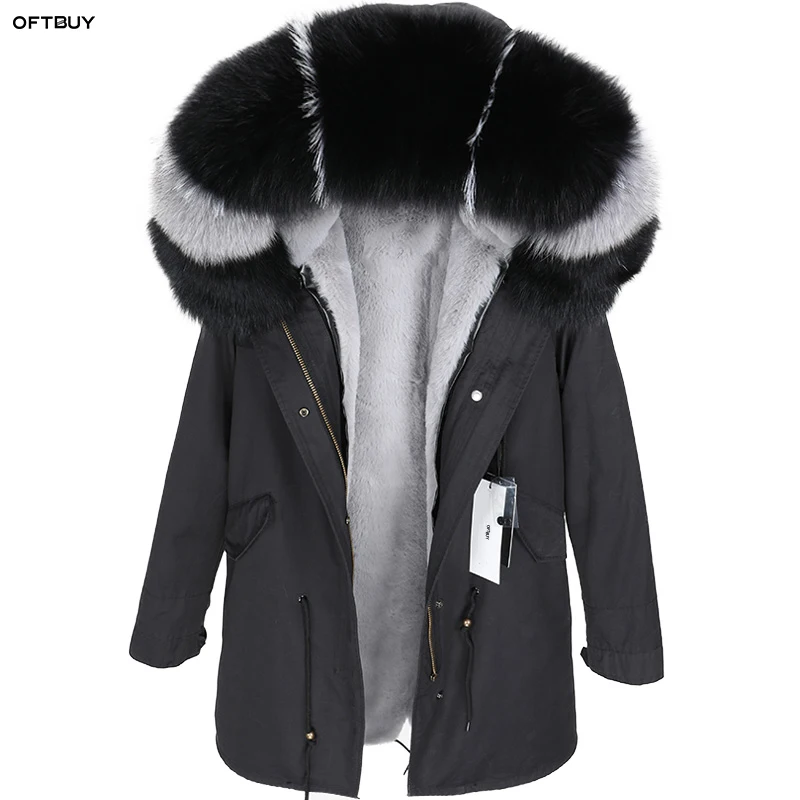 OFTBUY,, парка, натуральный мех, пальто, зимняя куртка для женщин, натуральный Лисий мех, воротник, теплый, Свободный, черный, искусственный мех, подкладка, длинное пальто, отстегивается