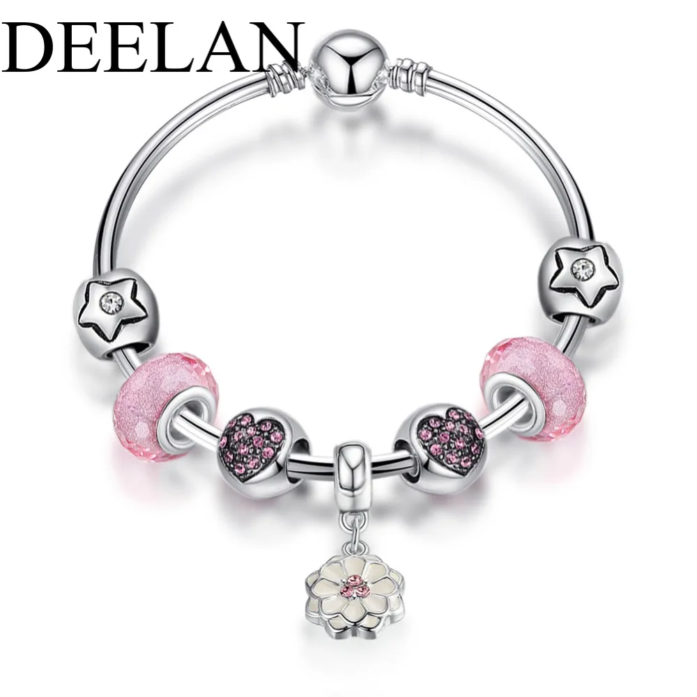 DEELAN fashion Silver Color Charm Bracelets &amp Bangles For Women Trendy Crystal Pink Glass Beads Bracelet jewelry Girl Cute Gift |