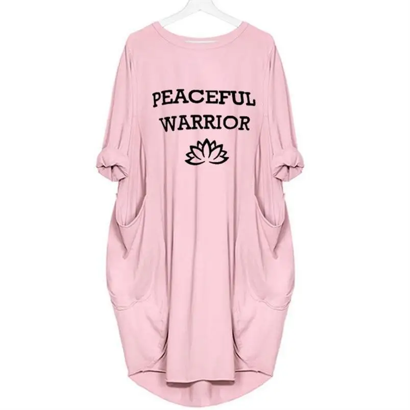 Новая футболка с надписью «Peaceful Warrior» для женщин, топы с карманами, женская футболка, летняя футболка размера плюс, женские футболки с графикой - Цвет: Pink