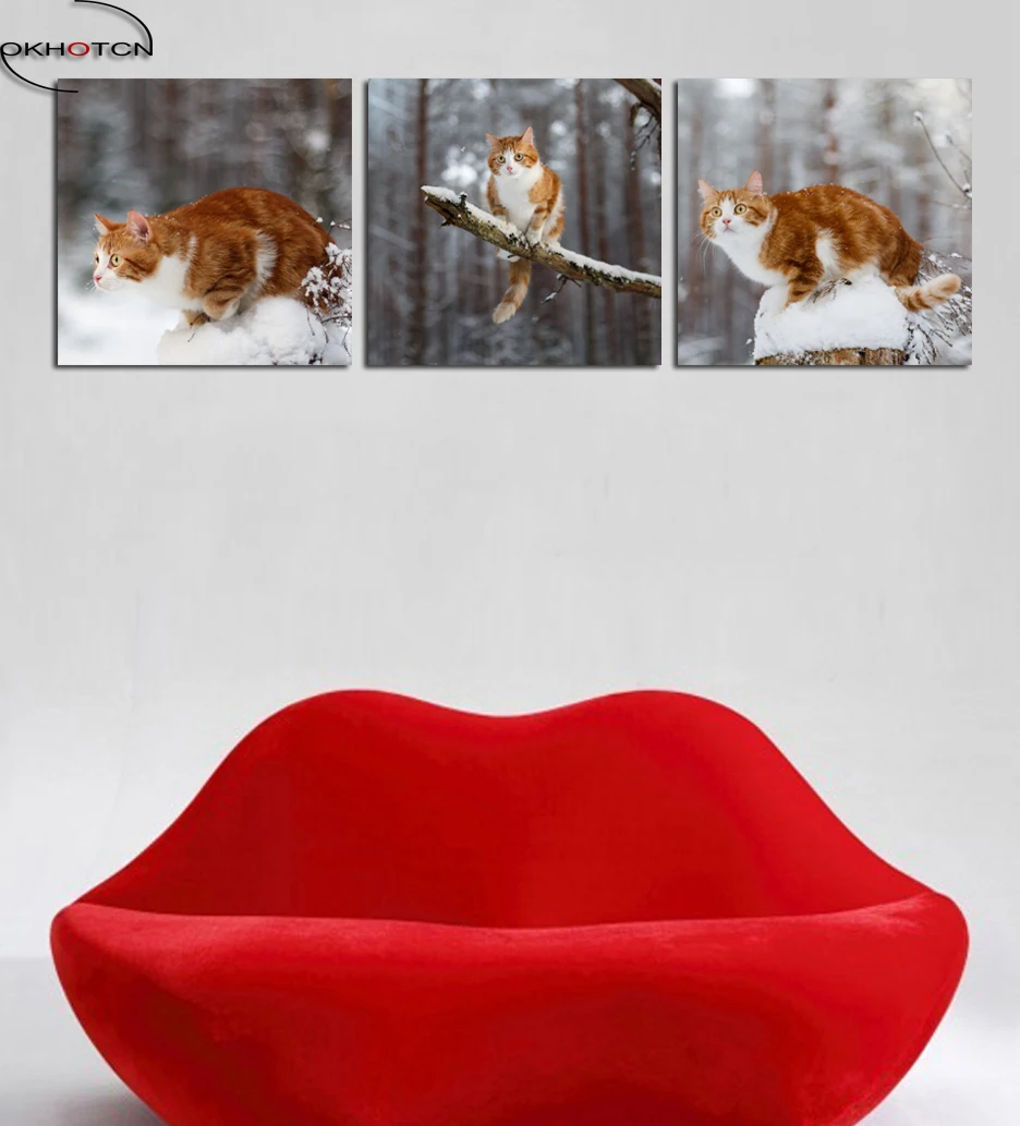 Оранжевый кот снег зима Животные Печать постер без рамки Картина Современный - Фото №1