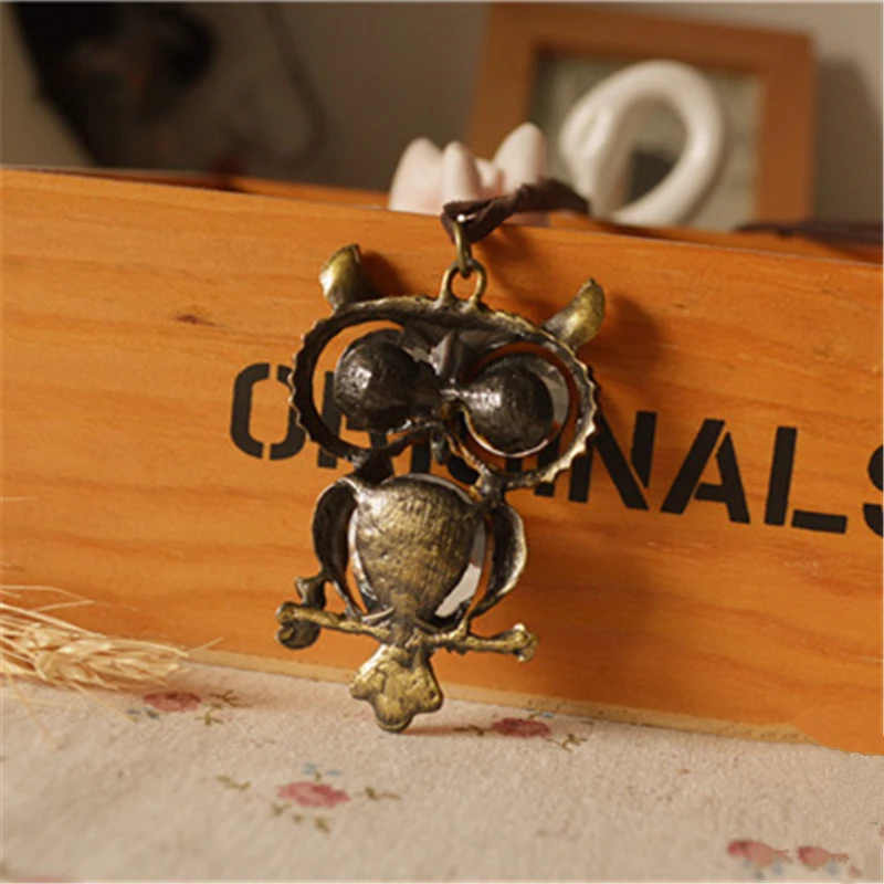 8SEASONS Fashion Jewelry Vintage Bronze Color Owl Created Gem Stone Blue Dark Brown Pendants Leather Rope Chain Necklace 1 Pc | Украшения и