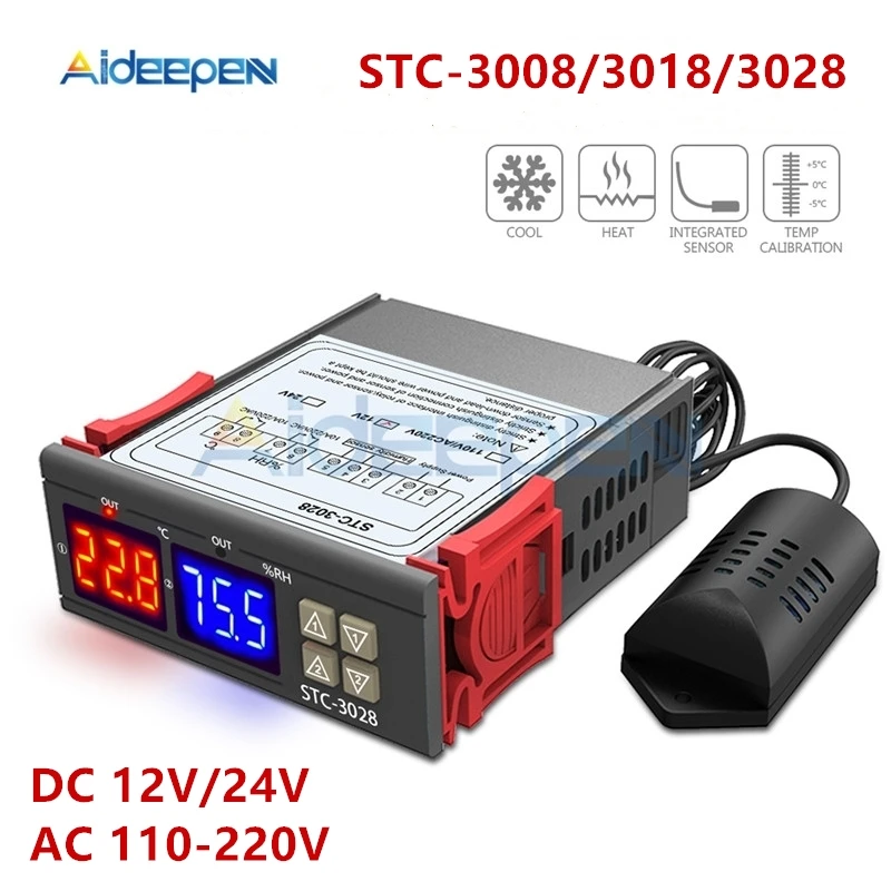 STC-3008 3018 3028 двойной цифровой регулятор температуры гигрометр C/F термостат два релейных выхода AC 110V 220V DC 12V 24V 10A