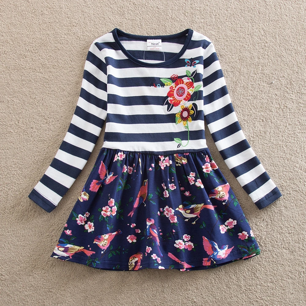 JUXINSU Toddler Girls Long Sleeve Dresses for Kids Baby Autumn Winter Cotton Casual Dress Flower Stripes Girl 1-8 Years | Детская одежда